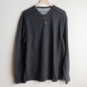 Eddie Bauer Mens Thermal Henley XL Dark Gray Y2K Long Sleeve Waffle Shirt